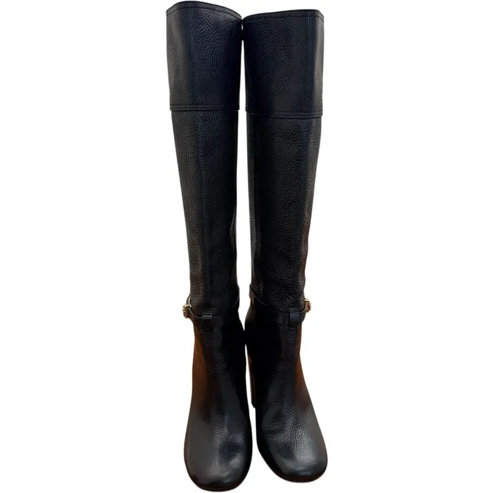 Tory Burch Jenna Black Pebbled Leather Knee High Boots Size 8.5